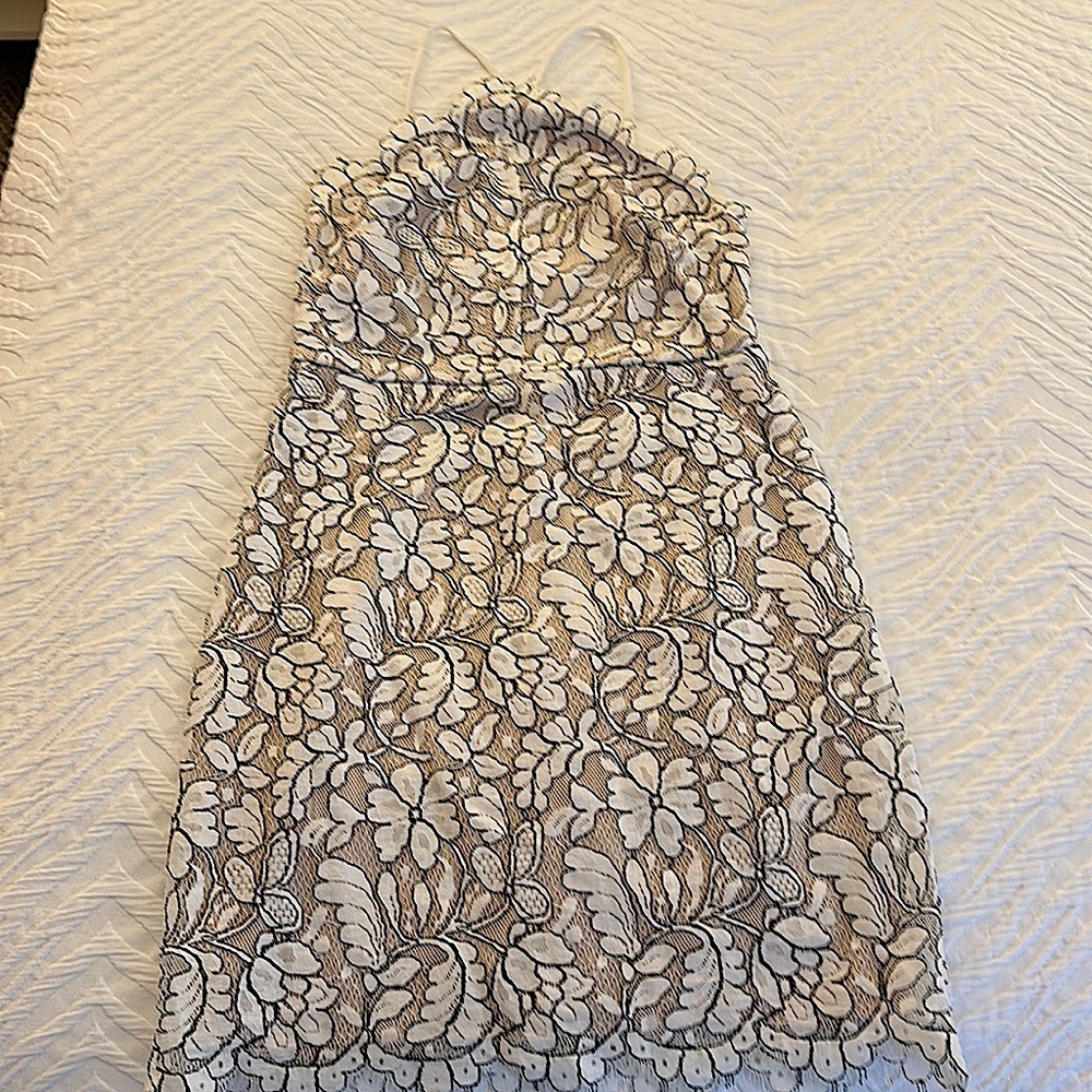 Lulu’s High Neck White & Black Lace Mini Dress